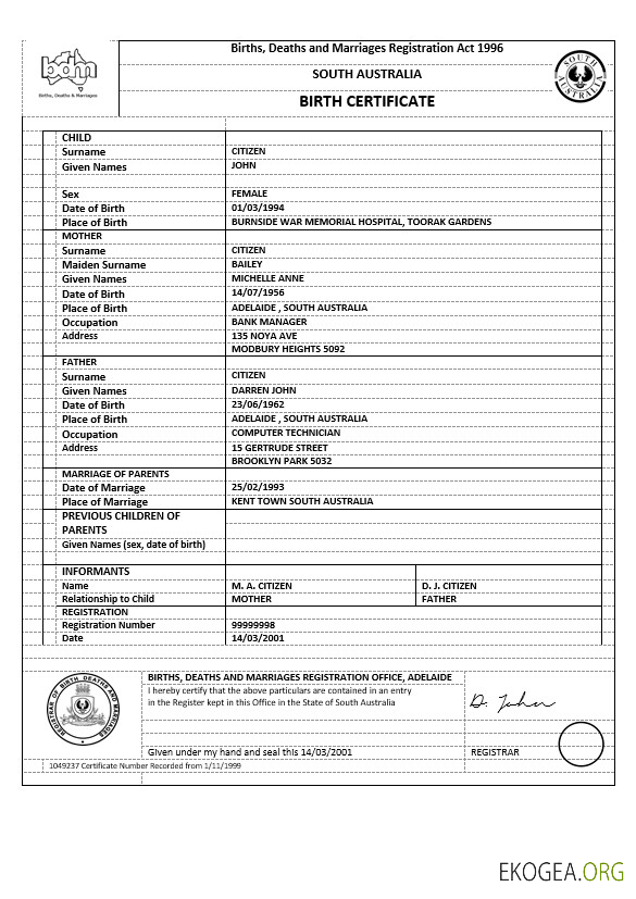 Australie Modèle d'acte de naissance du Territoire de la capitale australienne au format Word, version 1